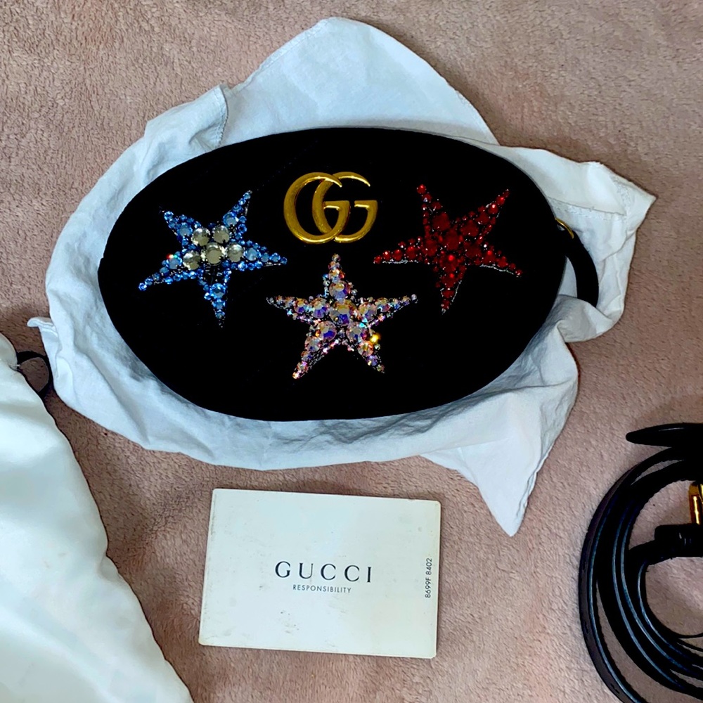 AUTHENTIC GUCCI GG Marmont Crystal Stars Velvet Matelassé Belt bag purse